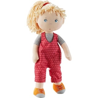HABA 305408 Puppe Cassie, Stoffpuppe aus weichen, waschbaren Materialien mit Latzhose und Zopfgummi, 30 cm, Puppe für Kinder ab 18 Monaten