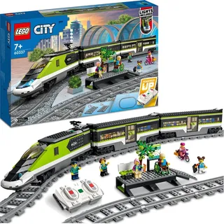 LEGO 60337 City Personen-Schnellzug, Set mit ferngesteuertem Zug, Eisenbahn-Spielzeug mit Scheinwerfern, 2 Wagen und 24 Schienen-Elementen, Geschen... - Beige