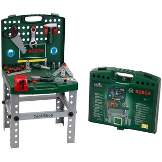 Klein Theo 8681 Bosch transportabler Tool-Shop I Werkbank zum Koffer klappbar I Inkl. Werkzeugen und Werkstatt-Zubehör I Spielzeug für Kinder ab 3 Jahren