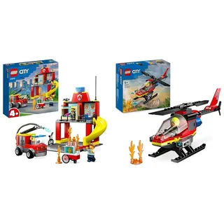 LEGO City Feuerwehr Feuerwehrstation und Löschauto, Lernspielzeug für Kinder ab 4 Jahren & City Feuerwehrhubschrauber, Set mit Hubschrauber-Spielzeug und Pilot-Figur