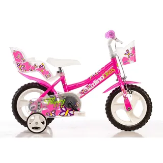 Kinderfahrrad DINO "Mädchenfahrrad 12 Zoll" Fahrräder Gr. 22cm, 12 Zoll (30,48cm), pink Kinder mit Stützrädern, Korb und Puppensitz