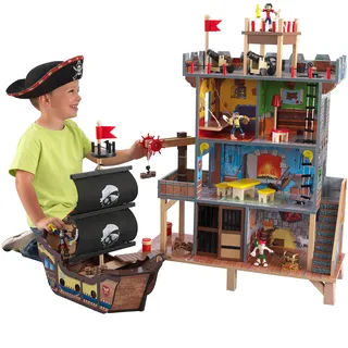KidKraft Pirate's Cove Spielset aus Holz für Kinder, Piraten Spielzeug mit Piratenschiff, Piratenschatz und Kanonen mit Lichtern, Spielzeug für Kinder ab 3 Jahre, 63284