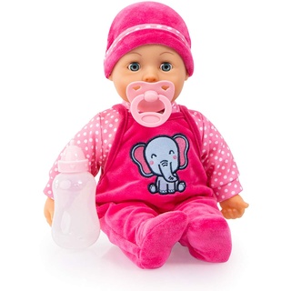 Bayer Design 93824CA, Puppe Sweet Baby 38cm, Babypuppe, Weichkörper, Schlafaugen, inkl. Flasche und Schnuller, rosa, pink, gepunktet mit Elefant