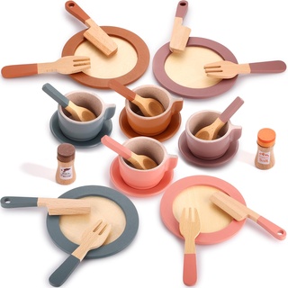 GAGAKU Geschirrset aus Holz Kinder Kinderküchen Spielküche Zubehör Küchenzubehör Kinder Holz - Macron Farbe