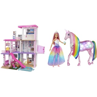 Barbie GRG93 - Traumvilla, dreistöckiges Puppenhaus (114 cm) mit Pool, ab 3 Jahren & GWM78 - Dreamtopia Magisches Zauberlicht Einhorn mit Berührungsfunktion, Licht und Sound, ab 3 Jahren