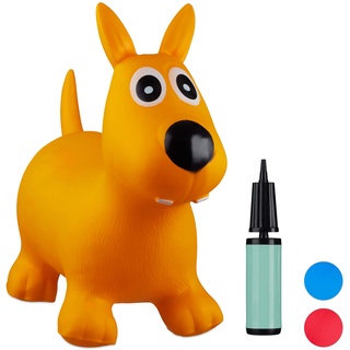 Relaxdays 10024990_48, gelb Hüpftier Hund, inklusive Luftpumpe, Hüpfhund bis 50 kg, Hopser BPA frei, für Kinder, Hüpfspielzeug, 50 x 26 x 60 cm
