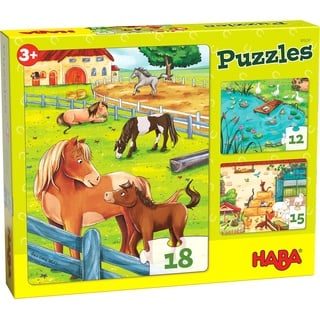 HABA 305237 - Puzzles Bauernhoftiere, 3 Puzzles mit 12, 15 und 18 Teilen und unterschiedlichen Tiermotiven, Puzzle ab 3 Jahren