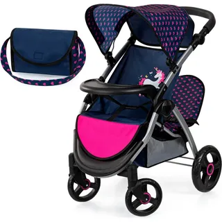 Bayer Puppen-Zwillingsbuggy Twin Star, blau/pink, mit Wickeltasche blau