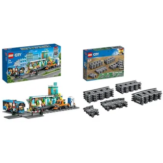 LEGO 60335 City Bahnhof, Spielzeug Set mit Schienen-LKW, Straßenplatte, Schienensegmenten und Minifiguren, kompatibel mit City Zug Sets und weiteren & 60205 City Schienen, 20 Stück, Erweiterungsset