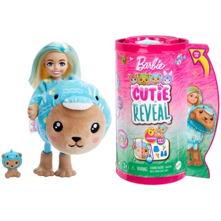 BARBIE Cutie Reveal Puppe - 6 Überraschungen in einer Verpackung, Plüschtierfreunde, Teddybär in Delfin-Plüschkostüm, Chelsea-Puppe mit blondem Haar und Zubehör, ab 3 Jahren, HRK30