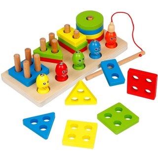 Montessori Spielzeug ab 1 2 3 Jahre, Carastek 2 in1 Montessori Sortierspiel Holzpuzzle Steckspielzeug Angelspiel Lernspielzeug, Holz Sortier- Stapelspielzeug Steckpuzzle für Monate Baby-Jungen Mädchen