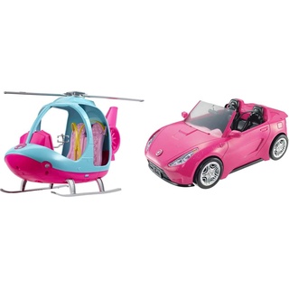 Barbie FWY29 - Hubschrauber in Pink und Blau[Exklusiv bei Amazon] & DVX59 - Cabrio Fahrzeug, in pink, mit Platz für 2 Puppen, Puppen Zubehör
