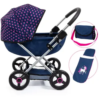 Bayer Design 12754AA Puppenwagen, zusammenklappbar, inklusive Tasche und Bettdecke, mit großen Reifen, modern, rosa, Einhornmotiv, blau Cosy, 46 cm