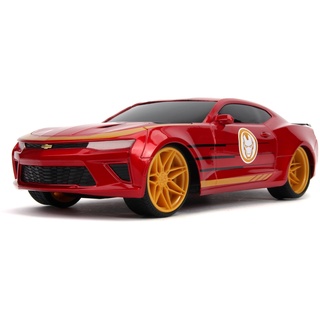 Jada Toys 253226000 Marvel RC, Iron Man 2016 Chevy, Chevrolet Camaro SS, Ferngesteuertes Auto, Turbofunktion, 2-Kanal Funkfernbedienung, USB-Ladefunktion, inkl. Batterien, 1:16, rot, One Size