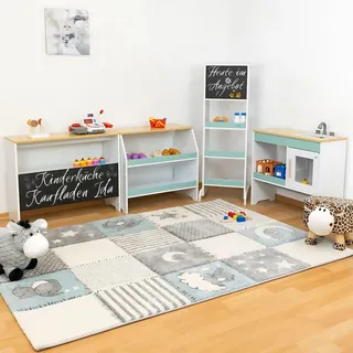 Coemo Kaufladen und Spielküche Ida in einem, 4er-Set mit Spülbecken, große Kinderküche, Spielzeugküche, Holzküche mit Kreidetafel, Küche für Kinder ab 3 Jahren, Farbe Grün