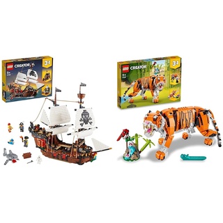 LEGO 31109 Creator 3-in-1 Piratenschiff & 31129 Creator Majestätischer Tiger, Panda oder Fisch, 3-in-1 Tierfiguren-Set, Spielzeug für Kinder, Konstruktionsspielzeug mit Tieren