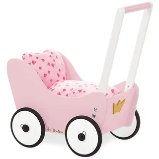 Pinolino Puppenwagen Prinzessin Lea, aus Holz, mit Bremssystem, Lauflernhilfe mit gummierten Holzrädern, für Kinder von 1 – 6 J., rosa, weiß und Gold