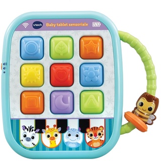 VTech Baby Tablet sensorisch, interaktives Tablet mit mehr als 35 Liedern, Sätzen, Sounds, 9 weichen Tasten zum Lernen von Farben und Formen, Tragegriff, italienische Sprache, Batterien im