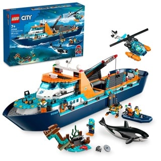 LEGO City Arctic Explorer Ship 60368 Bauspielzeug Set, lustiges Spielzeug Geschenk für 7-jährige Jungen und Mädchen, mit einem schwimmfähigen Boot, Hubschrauber, Schlauchboot, ROV Sub,