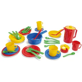 dantoy Spiel-Kochgeschirr Küchenspielset Geschirr-Set Spiel-Besteck Kochgeschirr, (Spiele-Set, 42-tlg., Teller, Tasse, Untertasse, Besteck, Kochtopf, Pfanne, Teekanne, Topf), Für den Innen und Außengebrauch - spülmaschinenfest