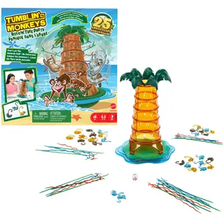 MATTEL GAMES SOS Affenalarm Schaukelpalmenparty - Jubiläums-Sonderedition, mit 3 neuen Dschungeltieren und besonderem Schwierigkeitsgrad durch wackelnde Palme, HTW65