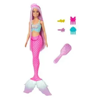 Barbie Puppe Meerjungfrau New Long Hair Fantasy Mermaid, ab 3 Jahre, mit pinker Schwanzflosse und Zubehör, 30 cm