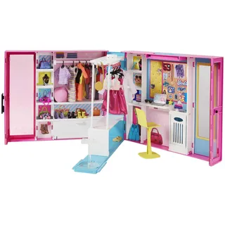 Barbie GPM43 - Traum Kleiderschrank mit 30+ Zubehörteilen, ca. 60 cm breit, 10+ Aufbewahrungsbereiche, mit Ganzkörperspiegel, kleiner Tisch & sich drehender Kleiderstange, inkl. 5 Outfits, ab 3 Jahren