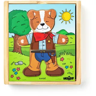 Woodyland Lernspielzeug 90016 Holz - Legespiel / Sortierspiel Dress up Puzzle Hund, 18 Legeteile in einer Holzbox