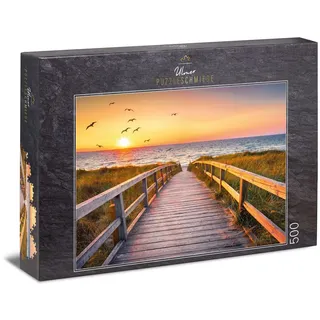 Ulmer Puzzleschmiede - Puzzle Abendstunde auf Sylt - klassisches 500 Teile Puzzle - Nordsee-Motiv mit Sonnenuntergang über den Dünen am Strand von Sylt, Deutschland