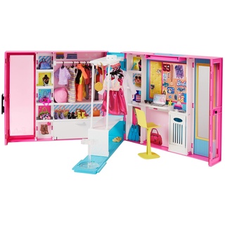 Barbie GPM43 - Traum Kleiderschrank mit 30+ Zubehörteilen, ca. 60 cm breit, 10+ Aufbewahrungsbereiche, mit Ganzkörperspiegel, kleiner Tisch & sich drehender Kleiderstange, inkl. 5 Outfits, ab 3 Jahren