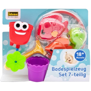 Idena 40615 - Badespielzeug Set für Kinder, 6-teiliges Wasserspielzeug in transparenter Tasche mit Fischen, Fischernetz und Wasserbechern