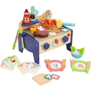 Bluey Grill- und Salat-Set aus Holz, 33-teiliges buntes Spielset mit Zange und Essensstücken, realistisches Rollenspiel & fantasievoller Spaß ab 3 Jahren