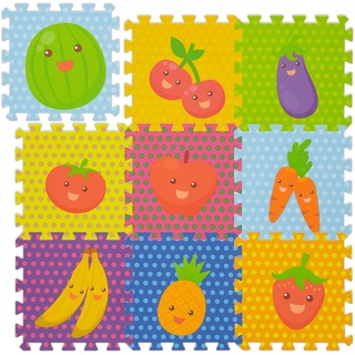 Relaxdays Puzzlematte Früchte, 9-teilige Spielmatte, schadstofffrei, Eva Schaumstoff, Kinderzimmer, 86 x 86 cm, bunt