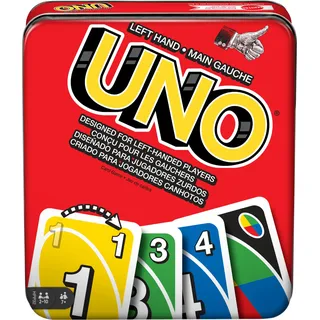 Mattel Games UNO Kartenspiel für Familiennacht mit Karten speziell für Linkshänder in Sammeldose, HPP32, Mehrfarbig