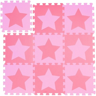 Relaxdays Puzzlematte Sterne, 9 Stück, 18 Teile, EVA Schaumstoff, schadstofffrei, Spielunterlage 91 x 91 cm, rosa-pink