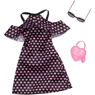 Barbie Mattel FXJ16 Cold-Shoulder-Dress schwar mit rosa Herzen - Fashion inkl. Brille und Tasche, Kleid, Mode, Fashion, Kleidung passend