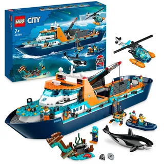 Lego City Arktis-Forschungsschiff, großes schwimmfähiges Spielzeug-Boot mit Hubschrauber, Beiboot, ROV-U-Boot, Wikingerschiffswrack, 7 Minifiguren & Orca-Figur, Geschenk für Kinder ab 7 Jahren 60368