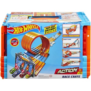Hot Wheels Bahn Track Builder, Rennkiste (3 Stunts in 1 Set) zum Bauen von Autorennbahnen für Hot Wheels Autos, inkl. 2 Spielzeugautos, Auto Spielzeug, Spielzeug ab 6 Jahre, GKT87