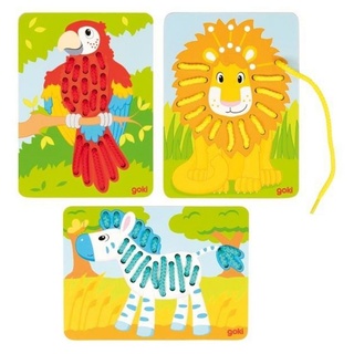 goki Spiel, Kinderspiel Fädelspiel Papagei Löwe Zebra, Holzplatten mit Schnüre, Tiere, Strickspiel bunt