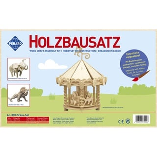 Pebaro 870 Holzbausatz Zirkus-Set, 3 Stück 3D Puzzles: Elefant, Löwe, Karussell, Modellbausatz, Basteln mit Holz, Holzpuzzle, vorgestanzte Holzplatte, ausbrechen, zusammenstecken, fertig, Geschenkidee