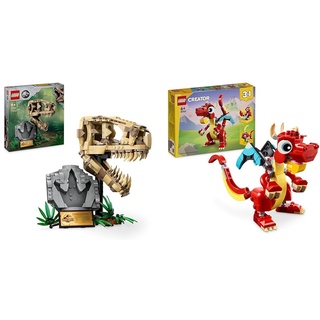 LEGO Jurassic World Dinosaurier-Fossilien: T.-rex-Kopf, Dinosaurier-Spielzeug zum Bauen & Creator 3in1 Roter Drache, Spielzeug mit 3 Tierfiguren inkl. Roter Drache