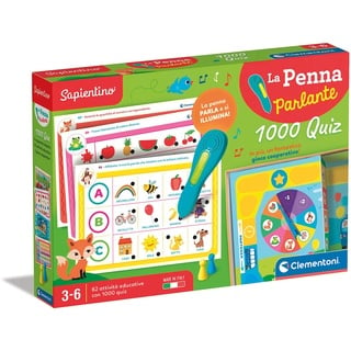 Clementoni Sapientino – Der sprechende Stift 1000 Quiz, elektronisches Lernspiel 3-6 Jahre, 64 Aktivitäten und 32 Karten zum Lernen von Buchstaben und Zahlen, Made in Italy, italienische Sprache,