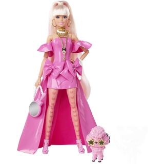 Barbie Extra Fancy, Langen blonden Haaren, rosa Kleid, rosa Pudel, Perlen-Sonnenbrille, Schmuck, Parfüm, Handtasche, 1x Puppe inklusive, Geschenke für Kinder ab 3 Jahren,HHN12