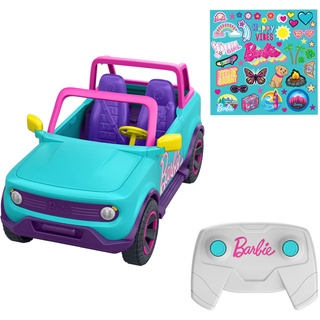 HOT Wheels Barbie Ferngesteuerter SUV mit Aufklebern, kann 2 Barbie-Puppen plus Zubehör aufnehmen, individuelle Gestaltung durch aufklebbare Sticker, HTP53
