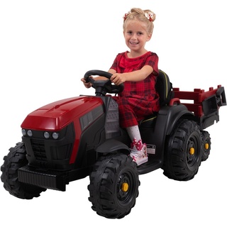 Actionbikes Motors Elektro-Kindertraktor Kinder Traktor mit Anhänger Elektro Fahrzeug, Belastbarkeit 28 kg, (2-tlg), inkl. Fernbedienung - Softstart - Gurt - 2x 12 V Motor rot|schwarz
