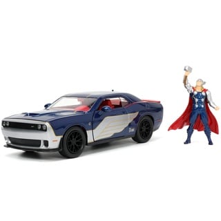 Jada Toys Marvel Figur Thor mit Modellauto 2015er Dodge Challenger SRT8 Hellcat - Set aus Marvel Avengers Actionfigur (8 cm) & Spielzeugauto (20 cm), für Marvel Fans und Kinder ab 8 Jahre