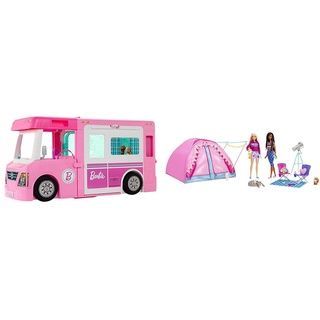Barbie HGC18 Abenteuer zu zweit“ Camping-Spielset mit Zelt, 2 Puppen und 20 Zubehörteilen & GHL93-3-in-1 Super Abenteuer-Camper, ca. 91 cm, umwandelbarer Camper für Puppen