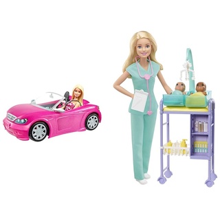 Barbie Puppe und Cabrio in rosa mit Glitzer, realistische Reifen Logo, Spielzeug ab 3 Jahren, DJR55 & You Can Be Anything Serie, Baby Doctor, Puppe mit blondem Haar