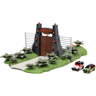 Jada Toys Jurassic World Nano Scene (17x18 cm) - Spiel-Kulisse mit Jurassic Park Tor, 2 Metall-Autos (Jeep Wrangler und Ford Explorer) & Dinosaurier-Deko, für Fans und Kinder ab 6 Jahre