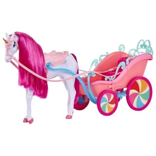 Dream Ella MGA Candy Kutsche und Einhorn - Glänzend weißes Einhorn mit goldenem Glitzerhorn, rosa Mähne und Zaumzeug, Zügel, Sattel und rosa Kutsche - für Kinder ab 3 Jahren